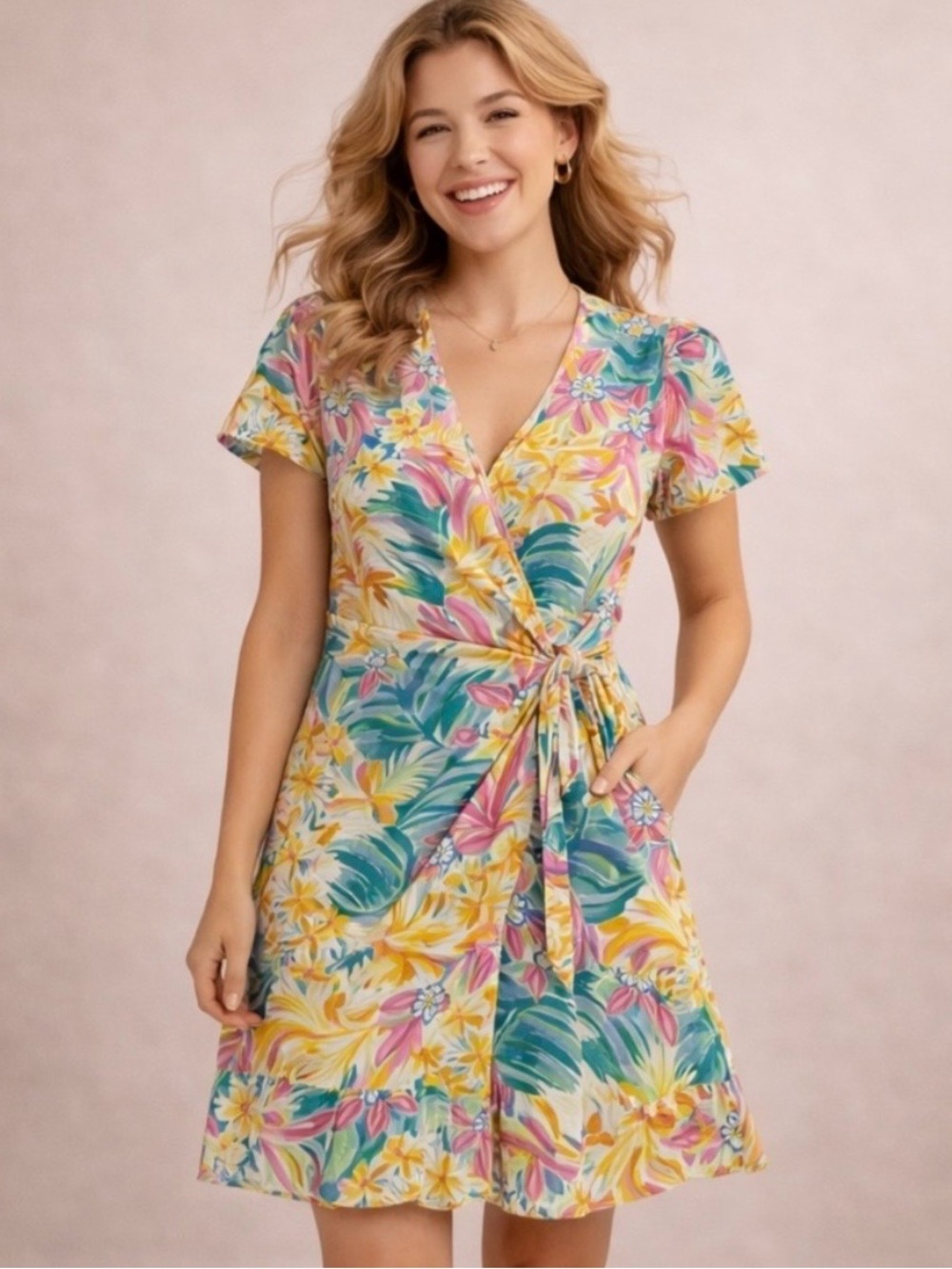 LE BAIN PAR MOLLY BRACKEN Tropical Print Cotton Floral Ruffle Wrap Dress Sz S